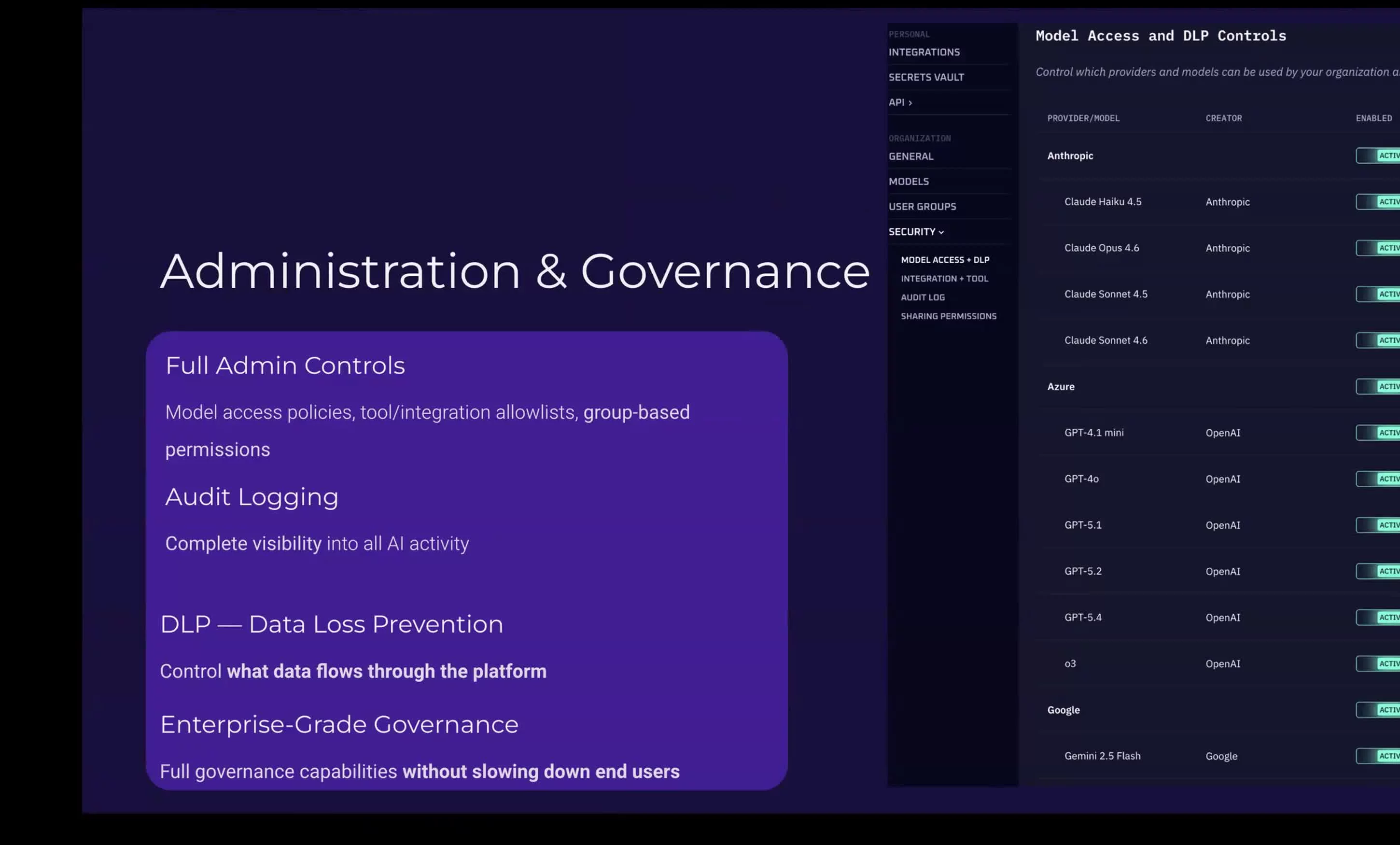 Kindo Administration and Governance showing model access controls, DLP policies, and security settings