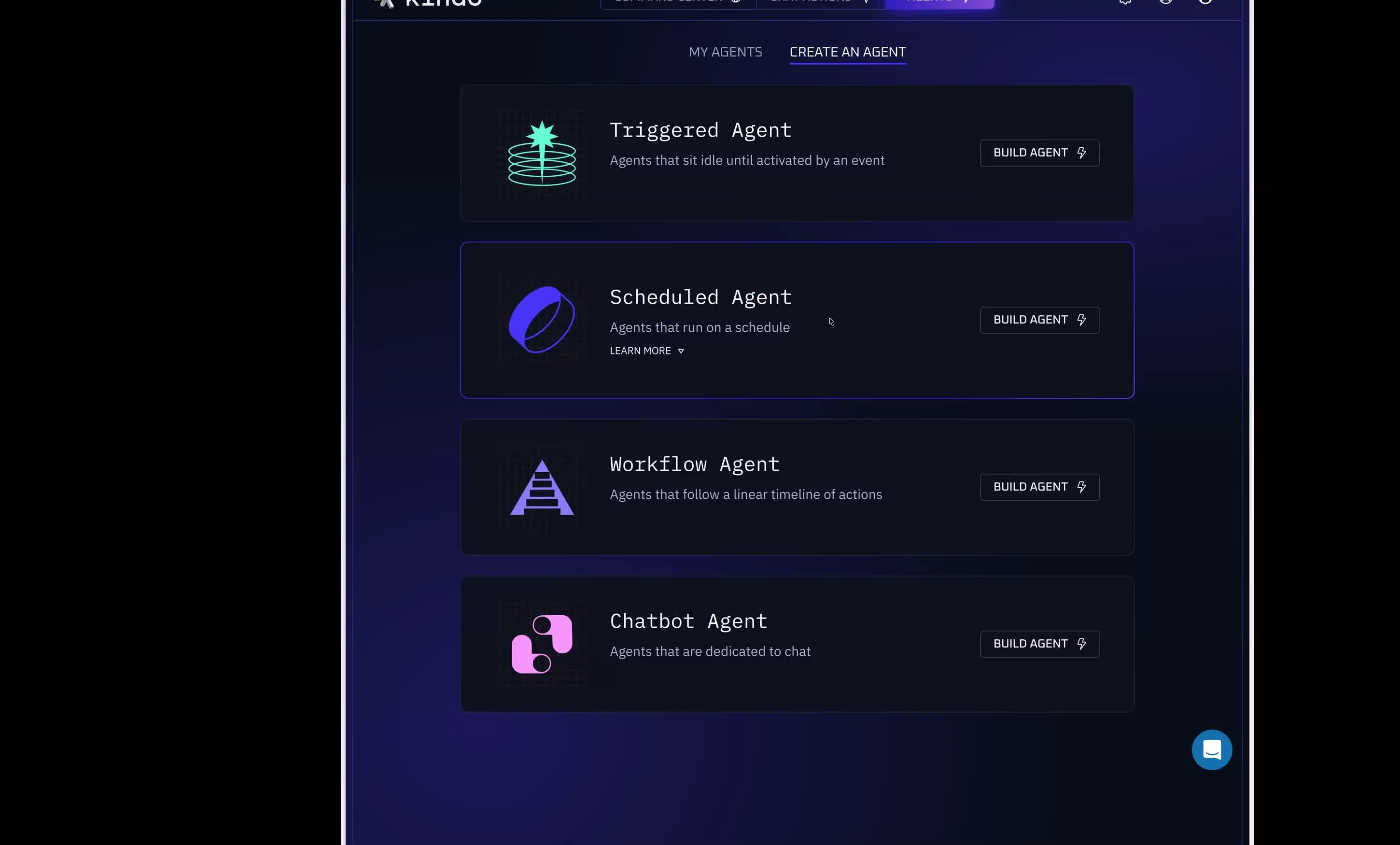 Agent type selection: Triggered, Workflow, and Chatbot with Build Agent buttons