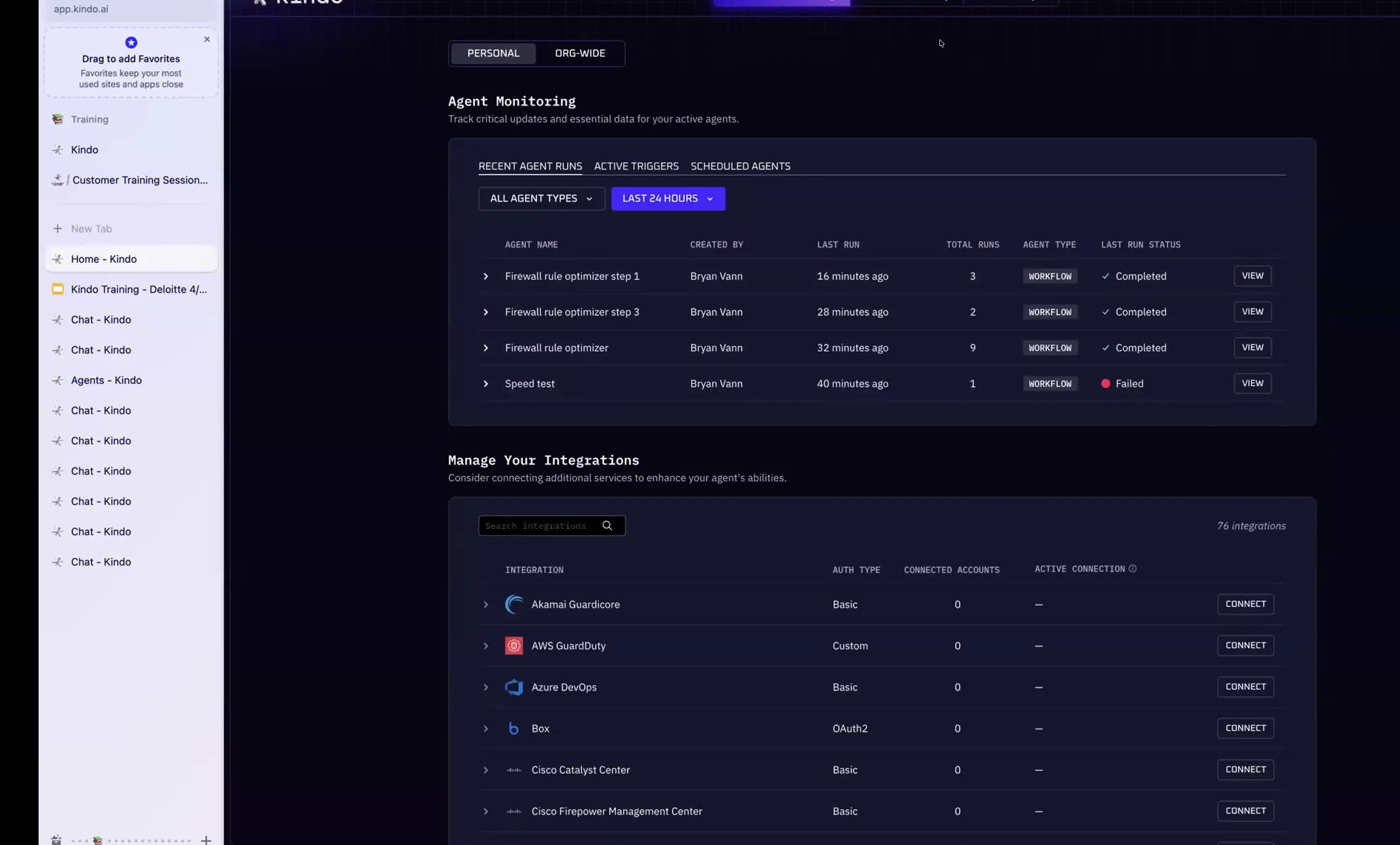 Kindo Agents screen showing available chatbot, workflow, and trigger agents