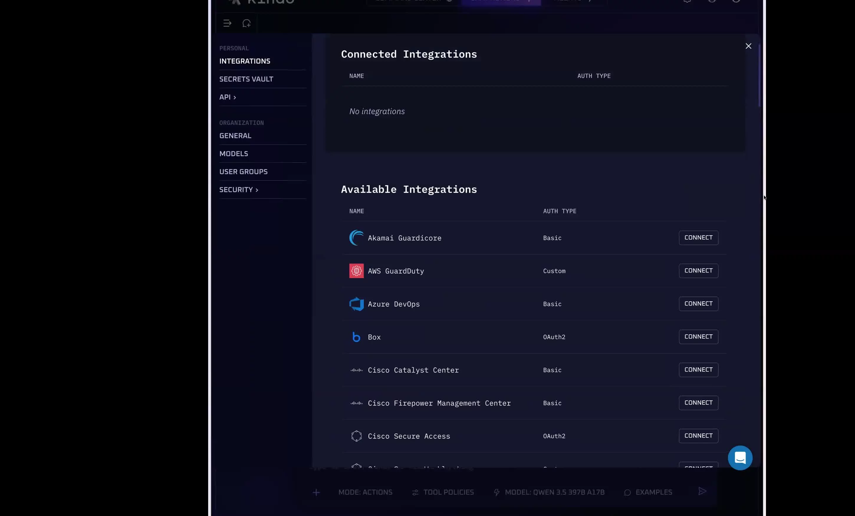 Kindo integrations library showing available services including Akamai, AWS, Azure DevOps, Box, Cisco, and more