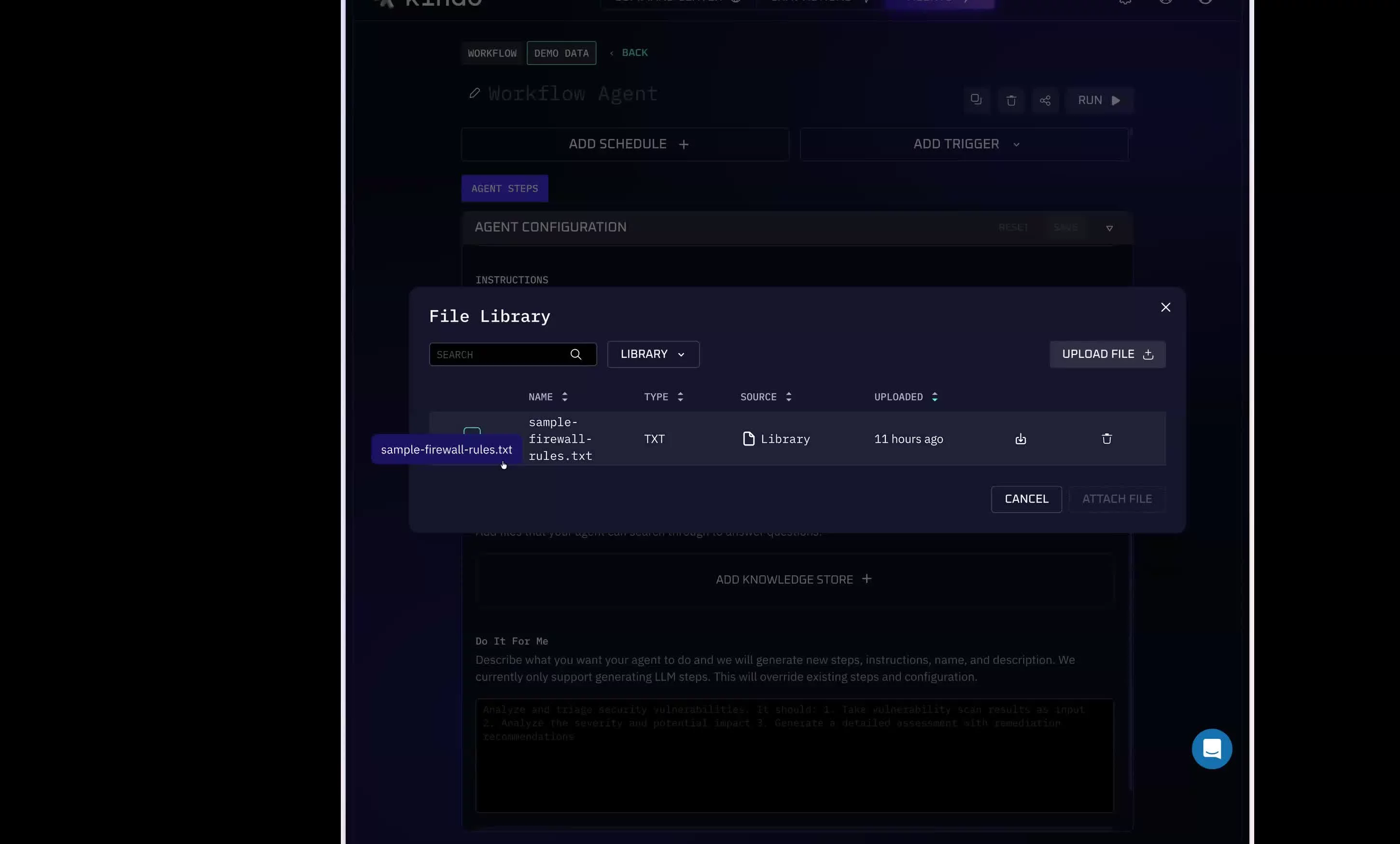 Kindo file library for attaching knowledge sources to agents and workflows