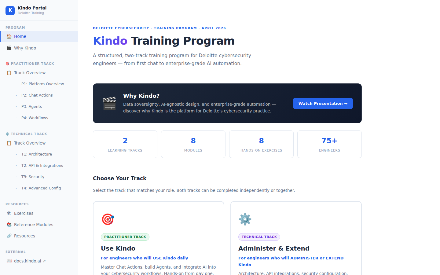 Kindo Training Portal homepage showing two tracks, prerequisites, and program overview