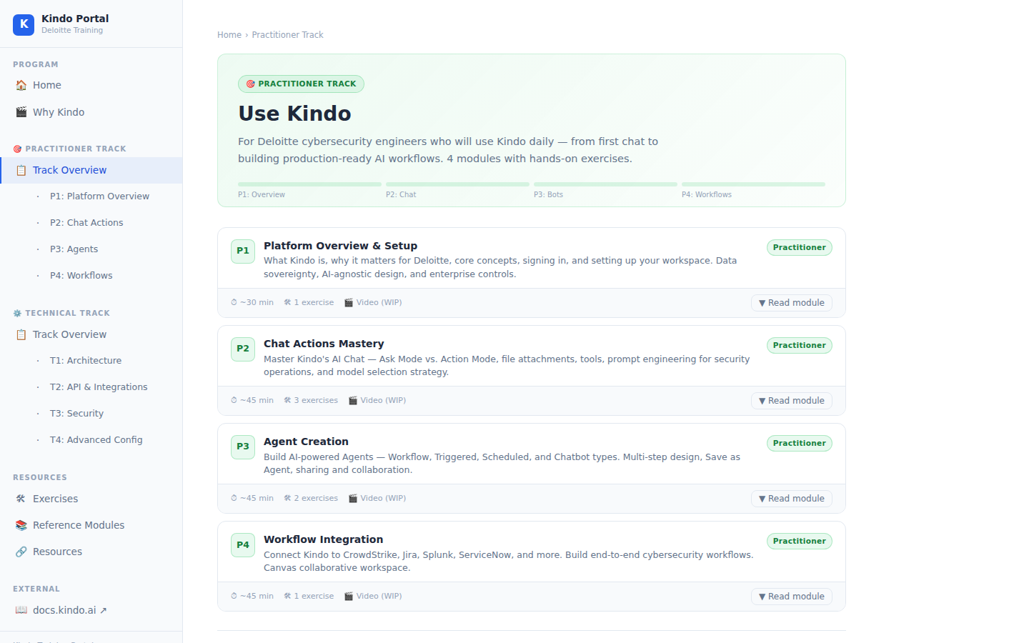 Practitioner Track showing 4 modules: Platform Overview, Chat Actions, Agents, and Workflow Integration
