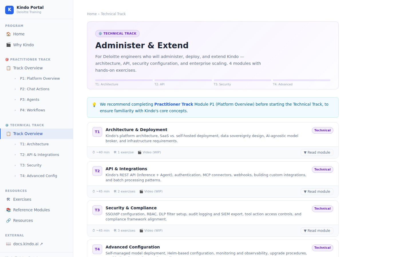 Technical Track showing 4 modules: Architecture, API & MCP, Security & Governance, and Advanced Config
