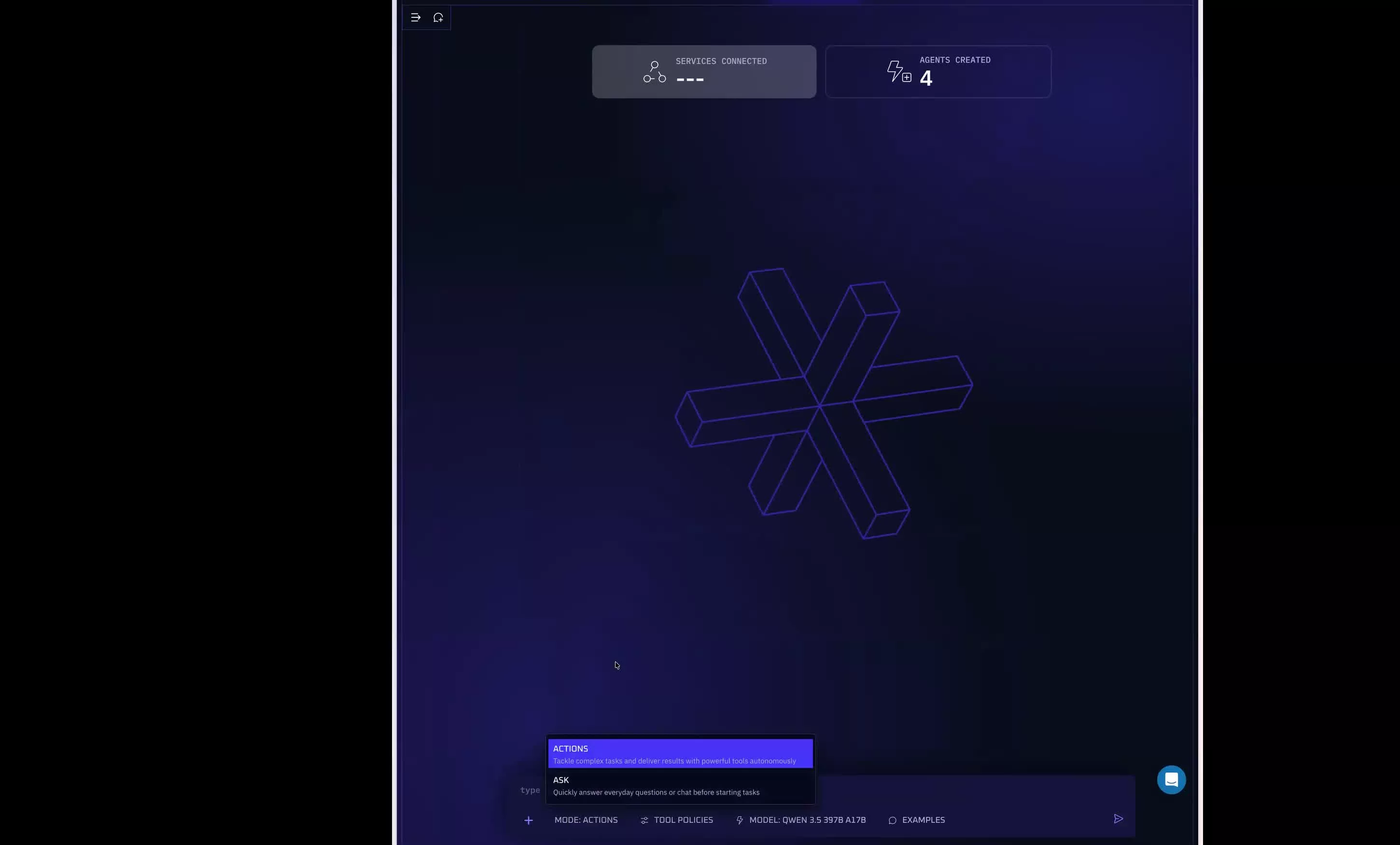 The Kindo Terminal showing the main workspace with Chat/Agents selector, model picker, and query bar