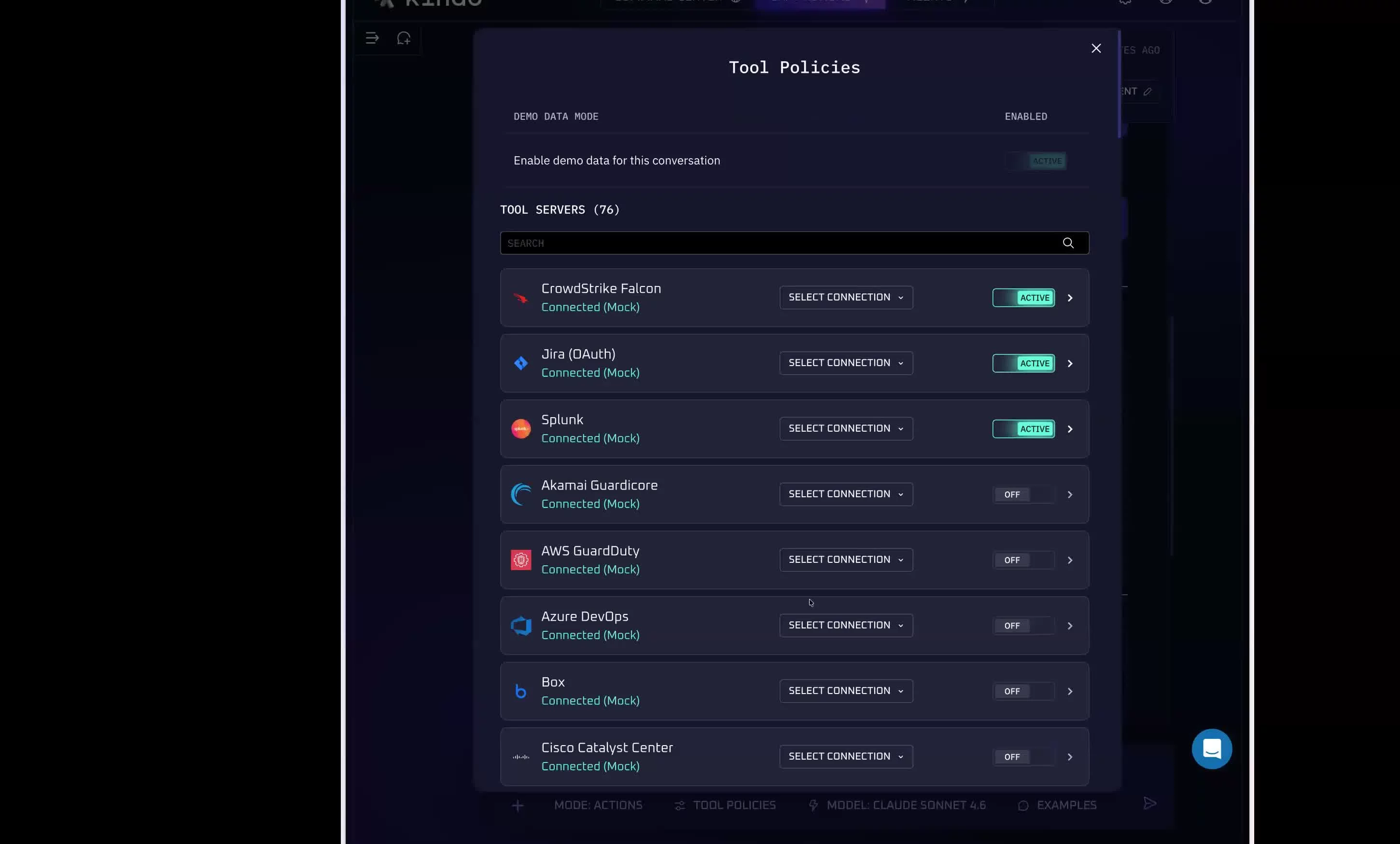 The Kindo Tool Policies panel showing CrowdStrike, GitHub, Google Drive, Jira, Slack, and more with active/off toggles